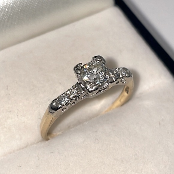Antique Solid 14K Yellow White Gold Natural Diamond Engagement Wedding Ring - Picture 3 of 17